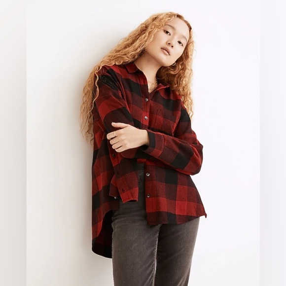Madewell Flannel Side-Button Oversized Ex-Boyfriend Shirt Buffalo Check Large - Picture 1 of 14